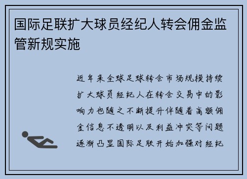 国际足联扩大球员经纪人转会佣金监管新规实施 国际足联扩大球员经纪人转会佣金监管新规实施